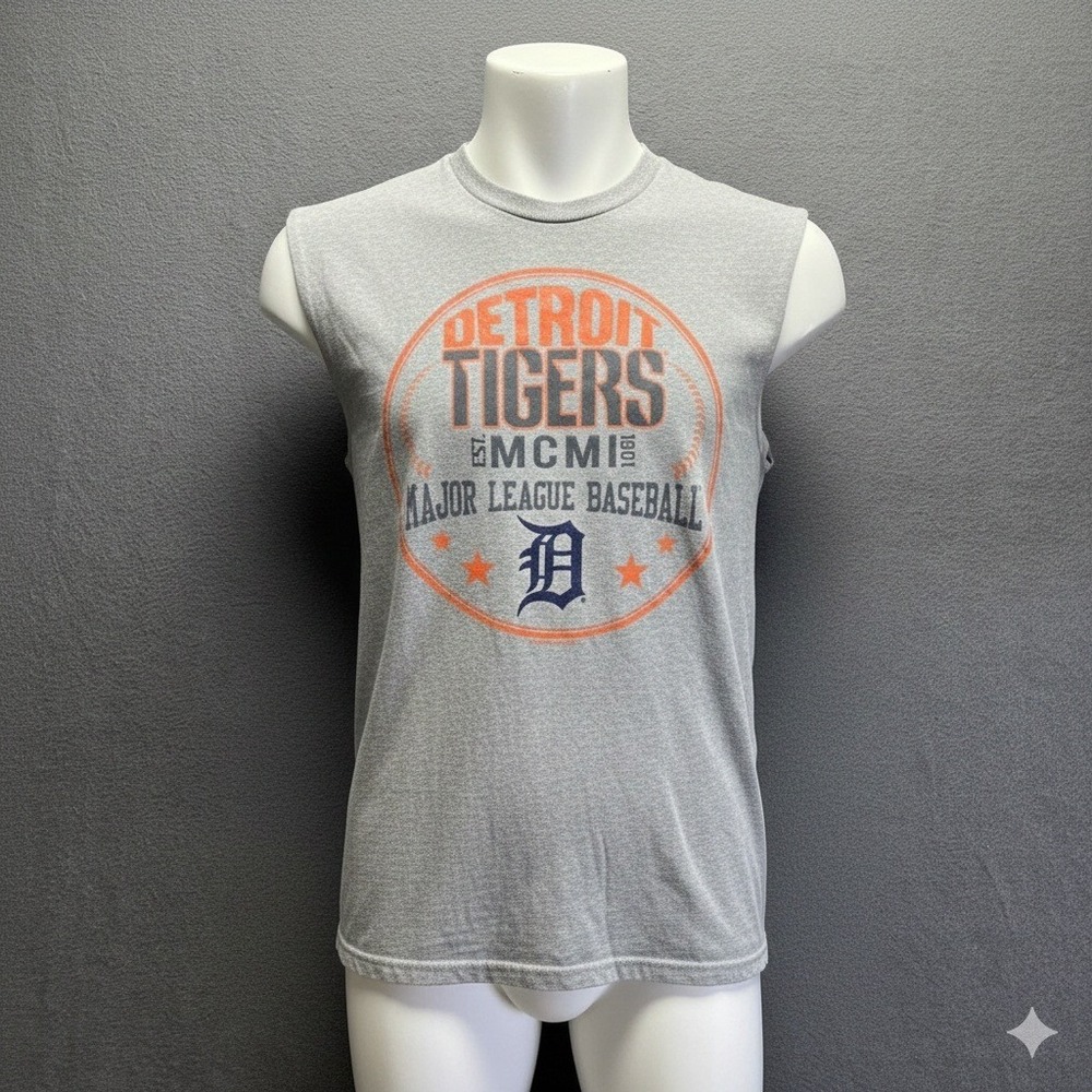 Detroit Tigers MLB Sleeveless T-Shirt Mens Large Gray Distressed Logo Muscle Tee